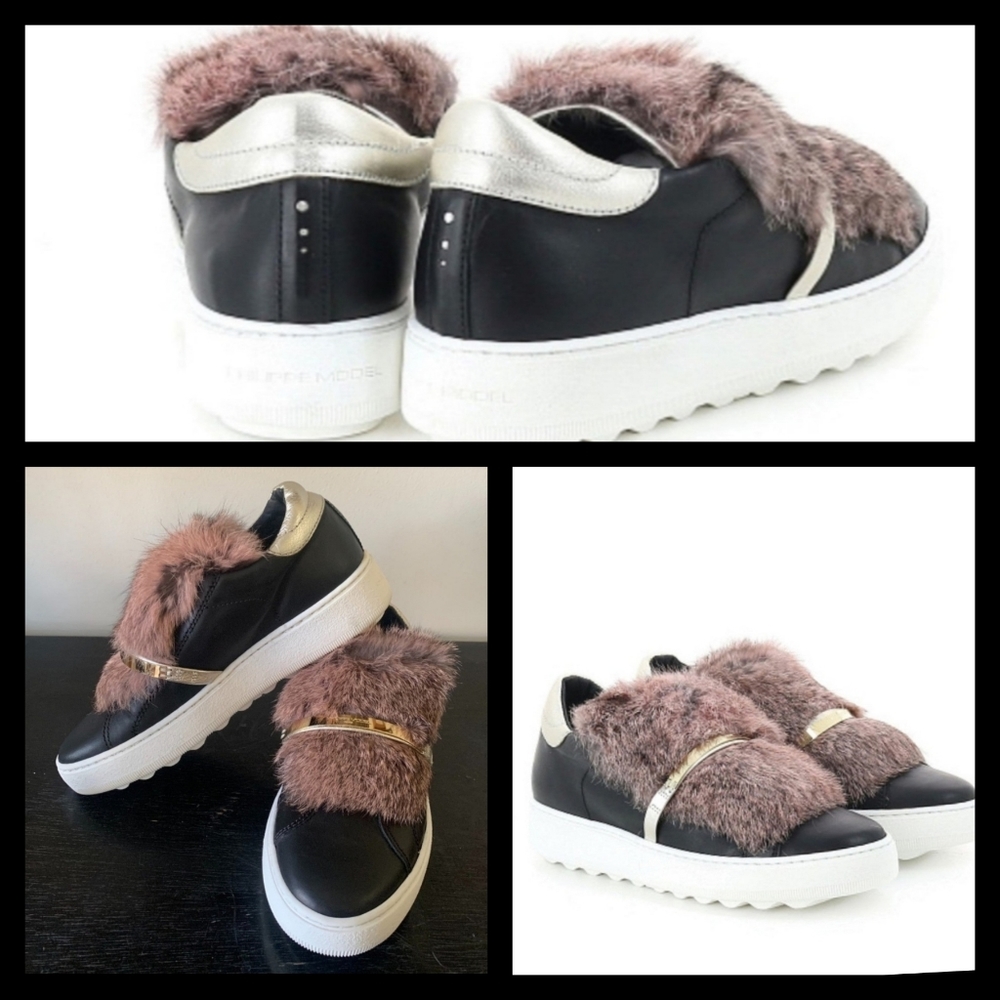 *PHILIPPE MODEL PARIS BLACK NIGHT BOMBAY FUR TRIM SNEAKER SHOE SZ 35 ITALY NIB*
